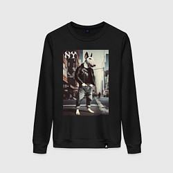 Свитшот хлопковый женский Dude bull terrier is a New Yorker, цвет: черный
