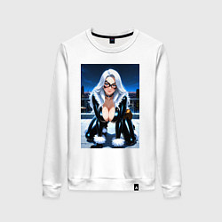 Свитшот хлопковый женский Черная кошка на крыше небоскреба, цвет: белый