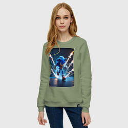 Свитшот хлопковый женский Соник убегает от ракет, цвет: авокадо — фото 2