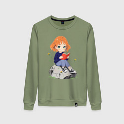 Свитшот хлопковый женский Рыжая девушка читает книгу, цвет: авокадо