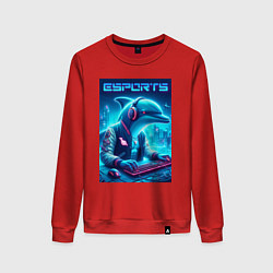 Свитшот хлопковый женский Дельфин крутой киберспортсмен - нейроарт, цвет: красный