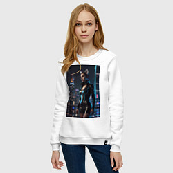Свитшот хлопковый женский Девушка с кошачьими ушами стоит на фоне небоскребо, цвет: белый — фото 2