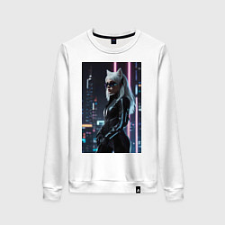 Свитшот хлопковый женский Девушка с кошачьими ушами стоит на фоне небоскребо, цвет: белый