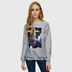 Свитшот хлопковый женский Девушка с оружием в киберпанк стиле, цвет: меланж — фото 2