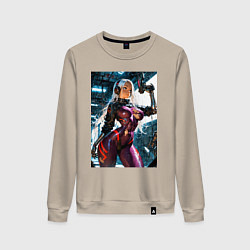 Свитшот хлопковый женский Девушка с оружием в киберпанк стиле, цвет: миндальный