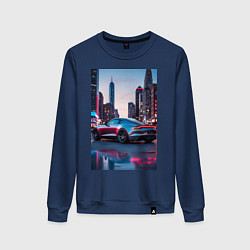 Свитшот хлопковый женский Суперкар на фоне небоскребов, цвет: тёмно-синий