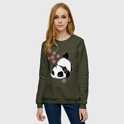 Свитшот хлопковый женский Цветочная панда, цвет: хаки — фото 2
