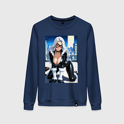 Свитшот хлопковый женский Черная кошка Фелиция на крыше в мегаполисе, цвет: тёмно-синий