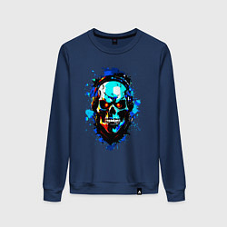 Свитшот хлопковый женский Черепок в наушниках, цвет: тёмно-синий