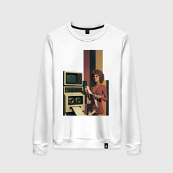Свитшот хлопковый женский Девушка и винтажный компьютер ретрофутуризм поп-ар, цвет: белый
