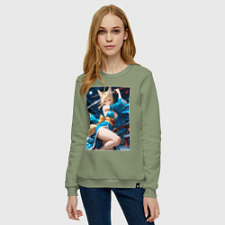 Свитшот хлопковый женский Прекрасная лисица с катаной, цвет: авокадо — фото 2