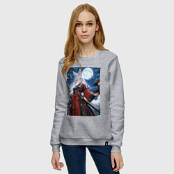 Свитшот хлопковый женский Прекрасная лиса в кимоно на фоне луны, цвет: меланж — фото 2