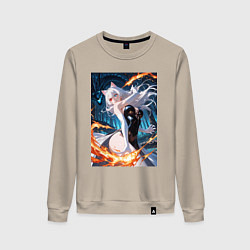 Свитшот хлопковый женский Кошка-маг сражение с драконом, цвет: миндальный
