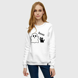 Свитшот хлопковый женский Хэллоуин, привидение и черный кот, цвет: белый — фото 2