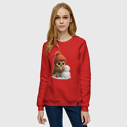 Свитшот хлопковый женский Сова в шапке лепет снеговика, цвет: красный — фото 2