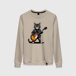 Свитшот хлопковый женский Кот в косухе с электрогитарой, цвет: миндальный