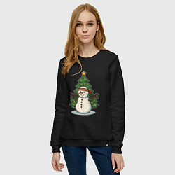 Свитшот хлопковый женский Снеговик с гирями, цвет: черный — фото 2