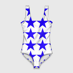 Купальник-боди 3D женский Синие звёзды на белом фоне, цвет: 3D-принт
