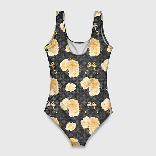 Женский купальник-боди Желтые цветы на черном фоне / 3D-принт – фото 2