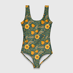 Женский купальник-боди Желтые цветочки и листья
