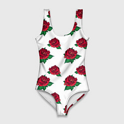 Купальник-боди 3D женский Цветы Красные Розы На Белом Фоне, цвет: 3D-принт
