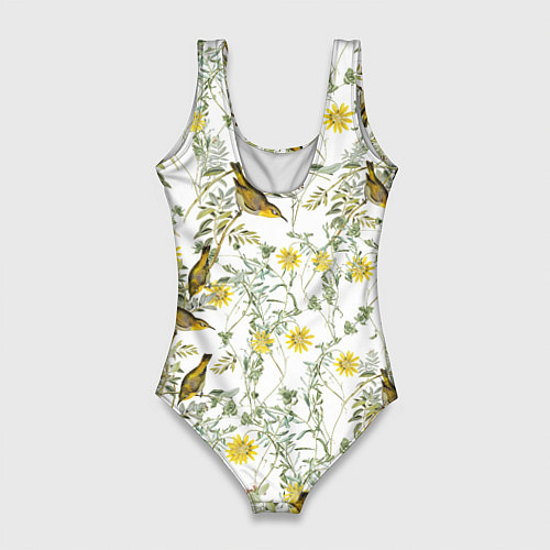 Женский купальник-боди Цветы Жёлтые С Птицами / 3D-принт – фото 2