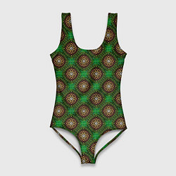 Купальник-боди 3D женский Коричневые круги на зеленом фоне, цвет: 3D-принт