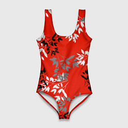 Женский купальник-боди Черные и серые ветки на красном фоне в японском ст