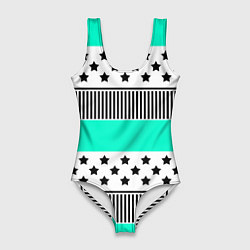 Купальник-боди 3D женский Комбинированный полосатый черно-голубой узор, цвет: 3D-принт