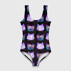 Купальник-боди 3D женский Неоновые кошачьи морды, цвет: 3D-принт