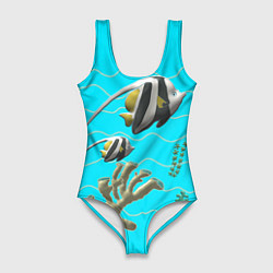 Купальник-боди 3D женский Подводный мир рыбки кораллы, цвет: 3D-принт