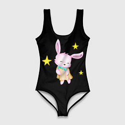 Купальник-боди 3D женский Крольчонок танцует со звёздами на чёрном фоне, цвет: 3D-принт