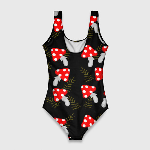 Женский купальник-боди Мухоморы на черном фоне / 3D-принт – фото 2
