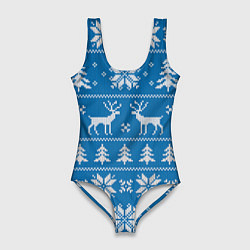 Женский купальник-боди Рождественский синий свитер с оленями