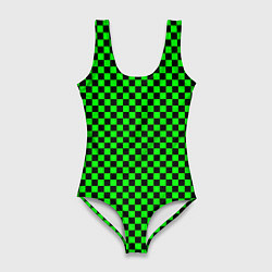 Купальник-боди 3D женский Зелёная шахматка - паттерн, цвет: 3D-принт