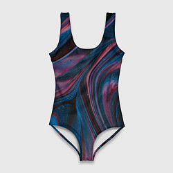 Женский купальник-боди Абстрактные фиолетовые и синие волны с блёстками