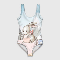 Купальник-боди 3D женский Кролик с леденцом, цвет: 3D-принт
