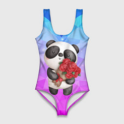 Купальник-боди 3D женский Панда с букетом цветов, цвет: 3D-принт