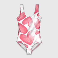 Купальник-боди 3D женский Розовые акварельные сердца - паттерн, цвет: 3D-принт