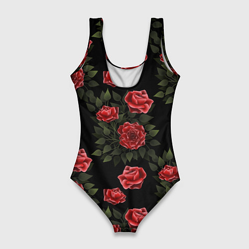 Женский купальник-боди Красные розы на черном - паттерн / 3D-принт – фото 2