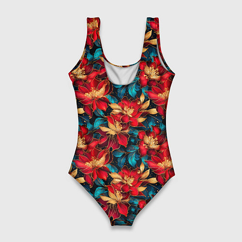 Женский купальник-боди Красные цветы с синими листьями узор / 3D-принт – фото 2