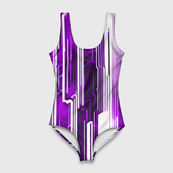 Женский купальник-боди Киберпанк полосы белый и фиолетовый