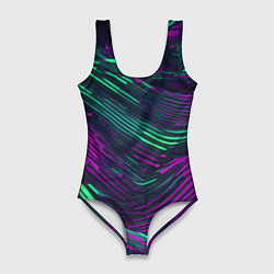 Женский купальник-боди Волнистые линии зелёные и фиолетовые