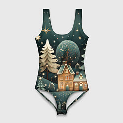 Женский купальник-боди Снежная деревня в праздничном наряде