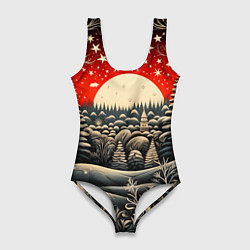 Женский купальник-боди Новогодняя сказка зимний рисунок