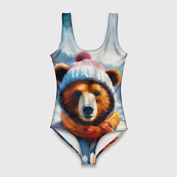 Купальник-боди 3D женский Бурый медведь в зимней одежде, цвет: 3D-принт