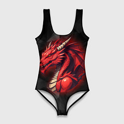 Купальник-боди 3D женский Красный дракон на полигональном черном фоне, цвет: 3D-принт