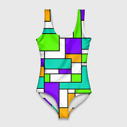 Купальник-боди 3D женский Геометрический зелёно-фиолетовый, цвет: 3D-принт