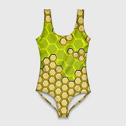 Купальник-боди 3D женский Жёлтая энерго-броня из шестиугольников, цвет: 3D-принт