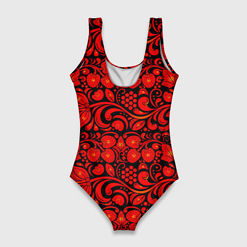 Женский купальник-боди Хохломская роспись красные цветы и ягоды на чёрном / 3D-принт – фото 2